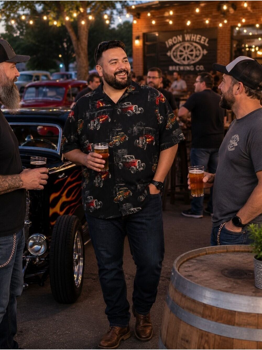 RedHead Hot Rod Button Down 4X | Retro Car Print Rockabilly Big & Tall